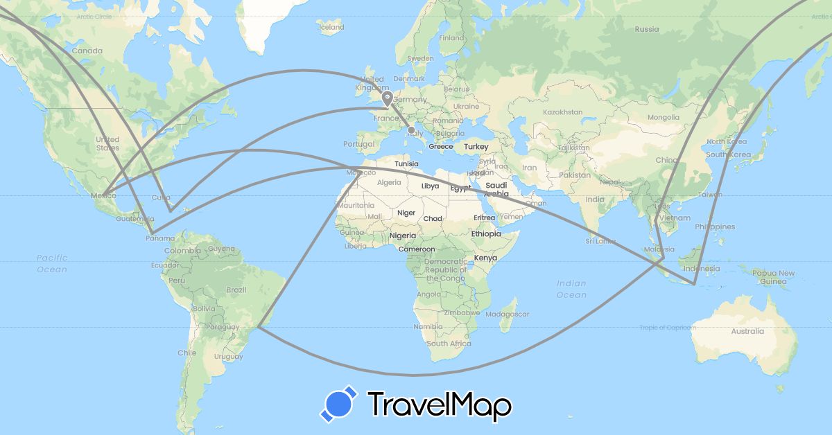 TravelMap itinerary: driving, plane in Brazil, Costa Rica, Egypt, France, United Kingdom, Indonesia, Italy, Jamaica, South Korea, Morocco, Mexico, Singapore, Thailand, United States (Africa, Asia, Europe, North America, South America)